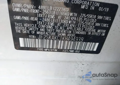 2019 Subaru Forester Sport z USA, uszkodzony, nr VIN JF2SKAKC1KH494939